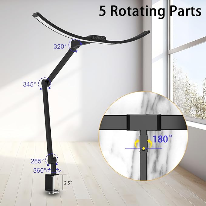 Architect Desk Lamp with Clamp, 1500LM Bright Curved 24W Led Desk Light for Home Office, Adjustable Clip On Rotating Office lamp Tall Dimmable Overhead Table Light for Computer Drafting