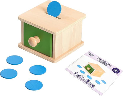 Montessori Wooden Coin Box with Drawer for Baby 18+ Months, Coin Sorter Fine Motor Toys for Kids, Motessori Classroom Learning & Educational Resources Toys Gifts