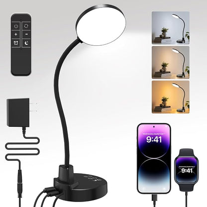 15W LED Desk Lamp with USB Charging Ports, [Button & Remote Control] Dimmable Table Lamp with 3 Color Modes, 5 Brightness Levels, 4 Timers, Flexible Reading Light for Home Office, Bedroom, Kids Study
