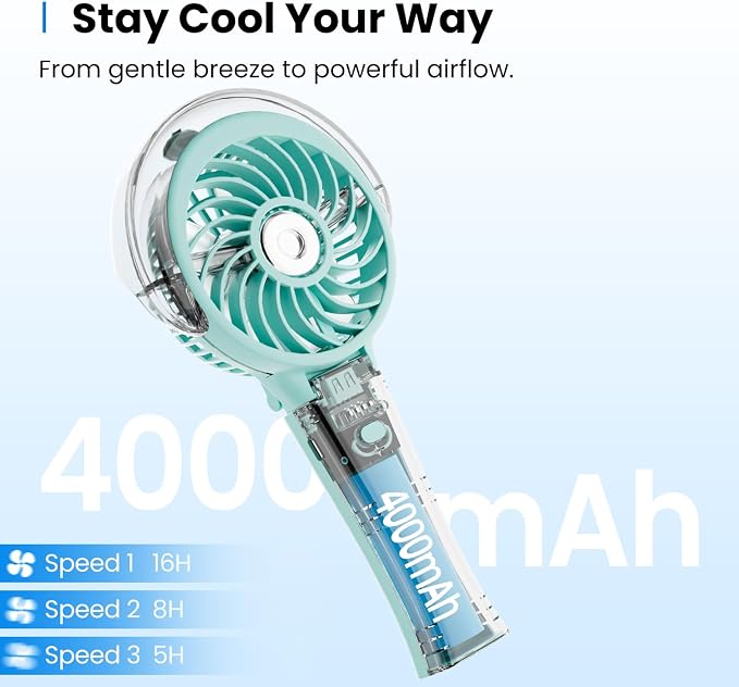 KIBEE Portable Misting Fan - 4000mAh Rechargeable, 50ml Water Tank, Foldable 180° Handheld with Mist Spray, 3-Speed Personal, Portable Charger for Travel, Outdoors, Makeup & More(Green)