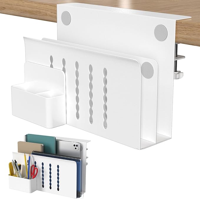 HAMOPY Desk Side Storage, 2 Tier Steel Hanging Desk Organizer with Magnetic Pen Holder, No Drilling Standing Desk Drawer Cable Management Tray, Under Table Laptop Holder for Office, School&Home(White)