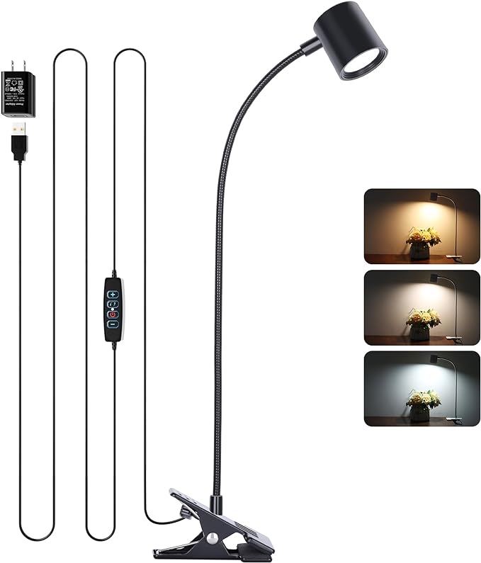 Dott Arts Desk Lamp,USB Clip On Light with 3 Color Modes,LED 10 Levels Brightness Reading Light, 360°Gooseneck Book Light,Eye-Care Reading Lamp for Home Office,Headboards.Adapter included