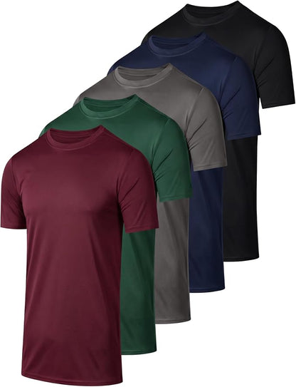 5 Pack Men's Dry Fit Short Sleeve T-Shirt Gym Workout Athletic Running Tee | Cooling, Moisture-Wicking, Crew Neck, Quick-Dry, Breathable, Active, Exercise, Fitness, Basketball, Cycling, Hiking, Tennis