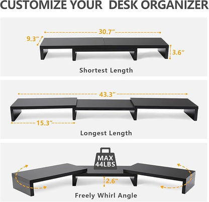TAVR Monitor Stand Riser, Office Desktop Organizer Stand for 2 Monitors | Adjustable Length and Angle 3 Shelf, Extra Long Multifunctional Wooden Stand up to 43.3" fit Computer, Laptop, TV, Black