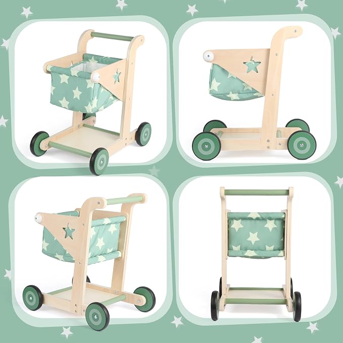Asweets 2 in 1 Wooden Baby Walker Push and Pull Doll Stroller, Shopping Cart Learning Walker for Boys and Girls, Sit Stand Learning Toddler Toy (Green)