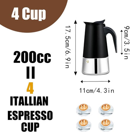 4 Cup Stovetop Espresso Maker Stainless Steel Moka Pot Stove Top Percolator Italian Coffee Makers Capable Mocha Greca Machine Cafe Classic Induction Cookers for Home and Camping 200ml 6.6oz