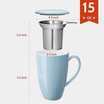 Sweese 15 OZ Porcelain Tea Mug with Infuser and Lid, Loose Leaf Tea Cup, Gifts for Tea Lover, Bluish Grey