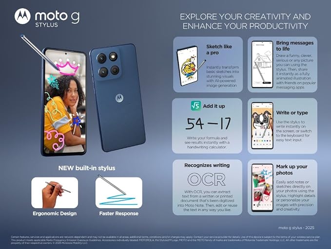 Tracfone Motorola Moto g Stylus 2025, 128GB, Gibraltar Sea - Prepaid Smartphone with Built-in Stylus, 6.8" FHD+ Display, 50MP Camera, 5G (Locked to Tracfone)