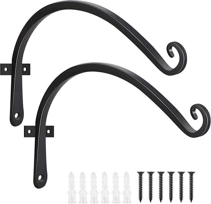 FEED GARDEN 2 Pack 12 Inch Hanging Plant Bracket Wall Hooks Decorative Plant Hangers for Outdoor Hanging Bird Feeders, Wind Chimes, Plant Baskets, Black