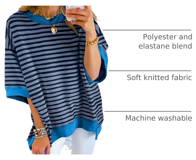SHEWIN Womens Tops Casual Short Sleeve Sweatshirt Crewneck Striped Shirt Pullover T Shirts Loose Blouses