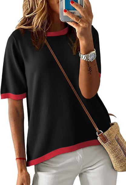 Dokotoo Womens Tops 2026 Casual Summer Crewneck Short Sleeve Striped Color Block Knit High Low Trendy Pullover Sweaters