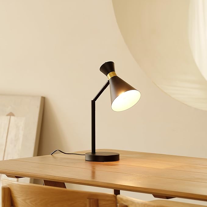 Globe Electric 61000056 16" Desk Lamp, Matte Black Finish, Matte Brass Accents, Pivot Joint, On/Off Rotary Switch on Socket, E26 Base Bulb, Lamp for Living Room, Home Office, Home Improvement