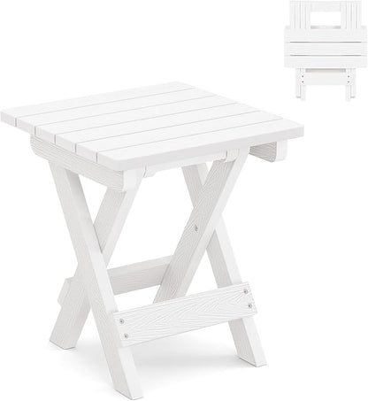 LUE BONA Small Outdoor Folding Side Table, HDPS Outside End Table for Patio, Porch, Deck, Pool, 14 Inch Height, White