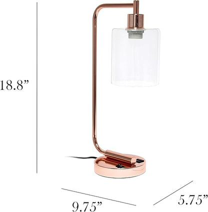 Simple Designs LD1066-RGD-LB Industrial Vintage Bronson Iron Lantern Desk Table Lamp with USB Port and Glass Cylinder Shade for Office, Living Room, Bedroom, Rose Gold, with Feit LED Bulb Included