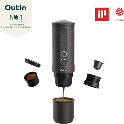 OutIn Nano Portable Electric Espresso Machine, Travel Coffee Maker | Self-Heating USB-C Car Coffee Maker for Ground Coffee & NS Capsules, Ideal for Camping, RV, Hiking and Office, Space Gray