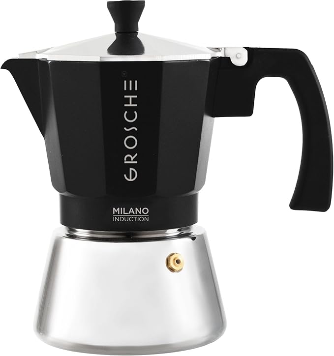 GROSCHE Milano Induction Stovetop Espresso Maker Moka Pot 6 Cup (Black) | Induction Moka Pot For Gas, Electric And Induction Cooktops With Aluminum Upper Chamber, Stainless Steel Base, And Burn Guard