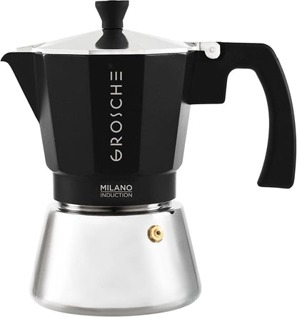 GROSCHE Milano Induction Stovetop Espresso Maker Moka Pot 6 Cup (Black) | Induction Moka Pot For Gas, Electric And Induction Cooktops With Aluminum Upper Chamber, Stainless Steel Base, And Burn Guard