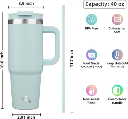 Konokyo 40 oz Insulated Tumbler Water Bottle with Handle, Straw Lid | BPA-free and dishwasher safe; made for gym, travel, coffee and gifting, 2 straws, cup holder friendly,Blue Haze