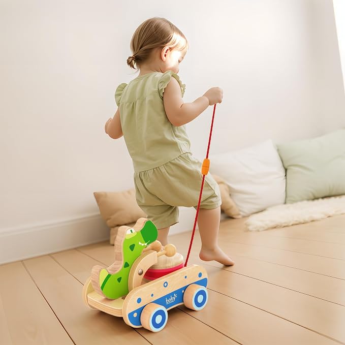 Baby Gift Wooden Toddler Pull Toy, Crocodile Drum Tapping Children's Toy, Baby dragging and Learning to Walk, Rope Traction Rope Crawling for Toddlers Ages 1+