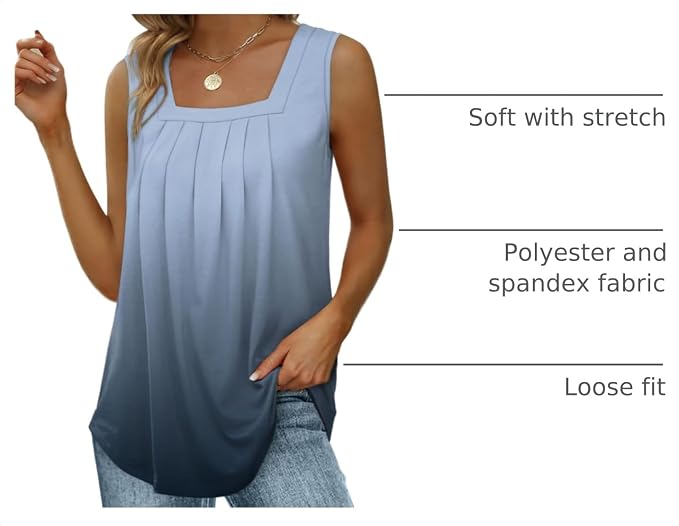Saloogoe Summer Tank Tops for Women Loose Fit Pleated Square Neck Sleeveless Tops Curved Hem Flowy