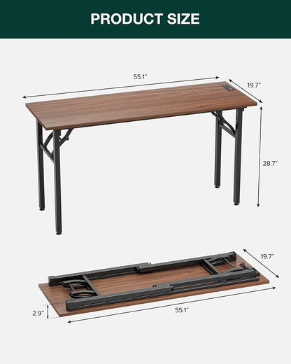 Frylr Small Folding Computer Desk – 55.1 Inch Portable Table for Craft and Study, Lightweight Desk for Small Spaces, Foldable Laptop Table Built-in AC/USB Outlets for Convenience, Dark Walnut