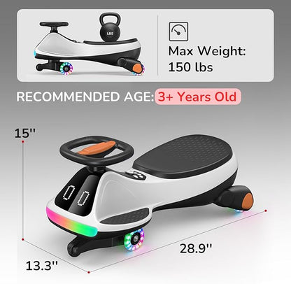 Umatoll 12V Electric Wiggle Car for Kids with Pedal, Display, Rechargeable Battery, LED Light, Bluetooth, Light-Up Wheels, Anti-Rollover, 2 Speeds, Ride on Toys, Birthday Gifts for Age 3+, 150Lbs