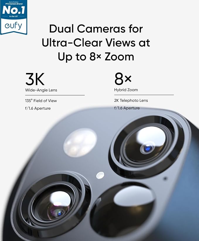 eufy Security 3K Dual Camera, SoloCam S340, Solar Security Cameras Wireless Outdoor, Cameras for Home Security, 360°Coverage, Pan & Tilt, No Blind Spots, No Monthly Fee, Built-in 8GB