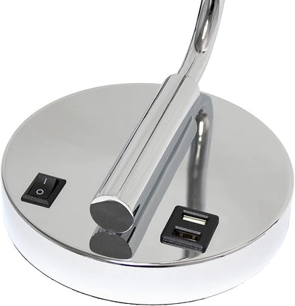 Simple Designs LD1066-CHR Bronson Antique Style Industrial Iron Lantern Desk Bedside Table Lamp with Dual 2 USB Charging Ports and Glass Shade, Chrome