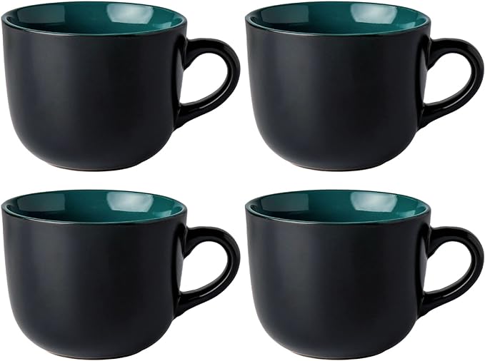 GBhome Jumbo Soup Mugs with Handles, 24 Oz Large Coffee Mugs Set of 4 | Ceramic Soup bowls for Soup Cereal Snacks Salad Noodles Cups, Microwave safe - Matte Black, Green Inside