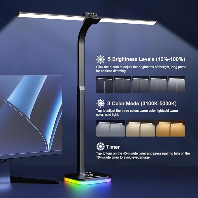 Black Desk Lamp for Office Gaming,Double Head Light for Home＆Office，Adjustable Light Mode and Brightness，Adjustable Height＆Angle in Metal Polwith Wireless Charger＆2 USB and 1 Type-c Ports