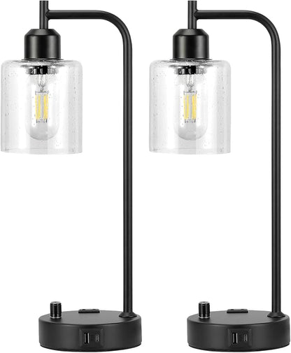 Industrial Bedside Lamps Set of 2, Fully Dimmable Desk Lamps for Bedroom | Glass Shade, USB C+A Charging Port & Outlet, Black Nightstand Table Lamps for Living Room, Office, Reading, Vintage