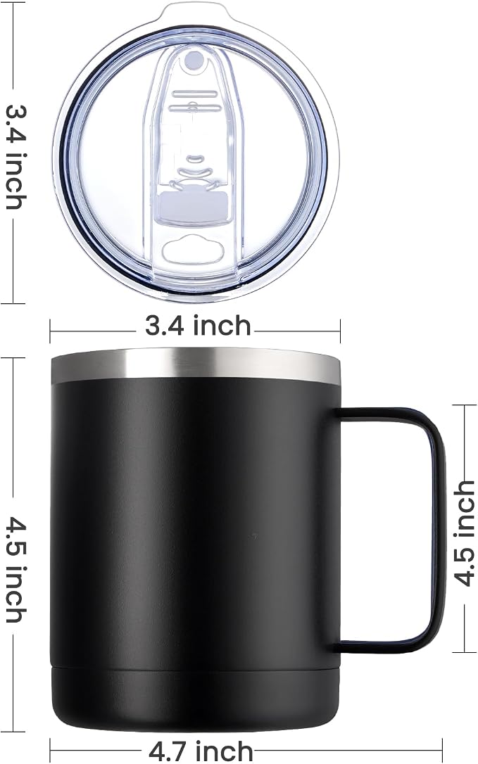 MEWAY 12oz Coffee Mug With Handle 8 Pack Bulk,Stainless Steel Insulated Travel Tumblers With Sliding Lid,Double Wall Vacuum Camping Cup for Hot & Cold Drinks Tea (Black, 8)