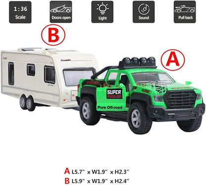 Pickup Truck Trailer Towing Toy Camper 2 in 1 Playset RV Motorhome Toys for Boys Diecast Model Car Metal Pull Back Toy Cars 1/36 Scale SUV Doors Open Light Sound Kids Birthday Gifts, Green
