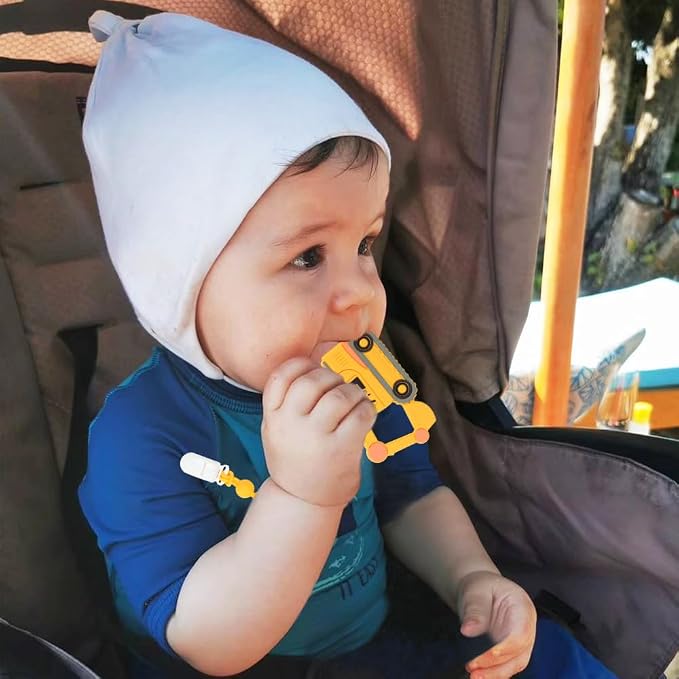 Baby Construction Vehicles Teething Toys,Food Grade Silicone Teether with One-Piece Pacifier Clip Holder,Best Shower Gift for 3 Months+ Boy and Girl,BPA Free,Freezer Safe. (Excavator)