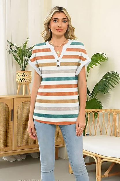 Womens Henley Summer Tops V Neck Button Dressy Casual T Shirts Blouses | Breathable, V-Neck Button, Striped, Loose Fit, Business Casual, Office, Vacation, Spring Summer Tops, Basic Shirts