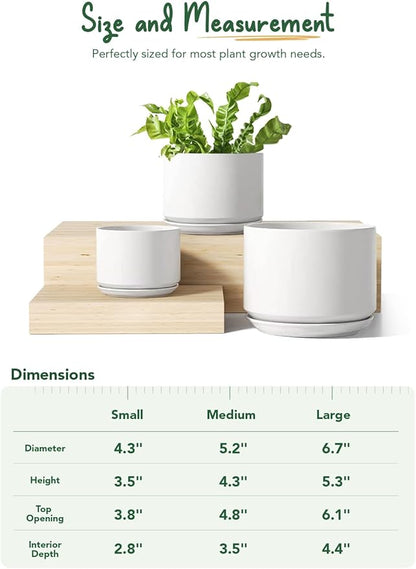 LE TAUCI Ceramic Plant Pots, 4.3+5.3+6.8 inch, Set of 3, Planters with Drainage Hole and Saucer, Indoor Flower Pot with Hole Mesh Pad, Gifts for Mom, White
