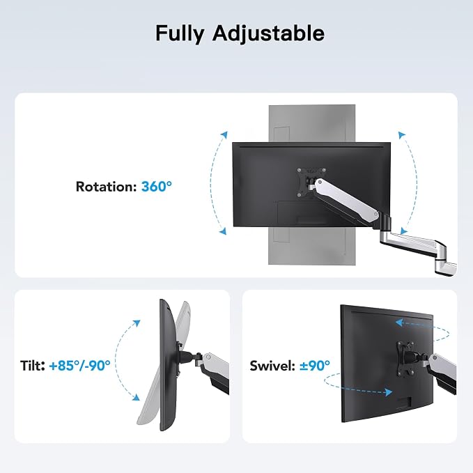 HUANUO Gaming Triple Monitor Stand, Full Motion Articulating Triple Monitor Mount Fit 17 to 32 inch Flat/Curved LCD Computer Screens with Clamp, Grommet Kit, Silver