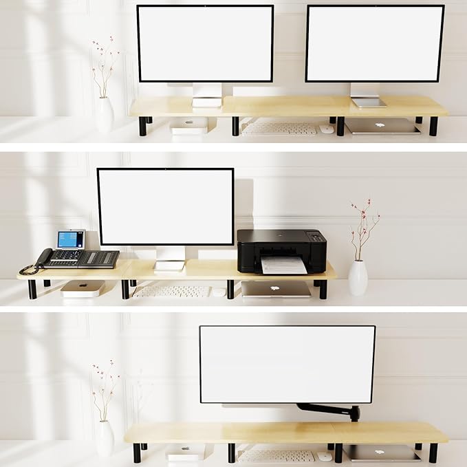 Large Extra Long Monitor Stand Riser 43.7in,Dual Monitor Riser, Wide TV Stand for 2 Monitors, Wood & Steel Leg Adjustable Height Desktop Riser, Home Office Organization. (Natural)