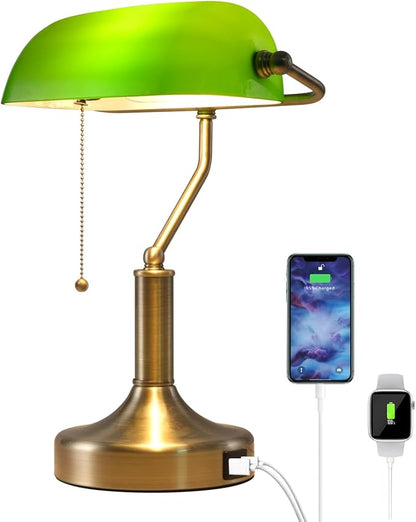 Banker Desk Lamp Green Glass, Antique Desk Lamps with Brass Base, Traditional Library Table Lamp with USB A and Type C Charging Port for Office, Study Room, Pull Chain Switch