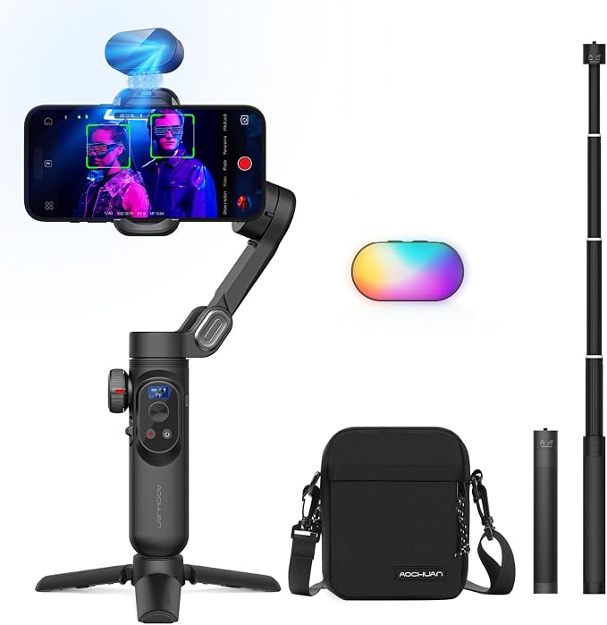 AOCHUAN 3-Axis Gimbal Stabilizer for Smartphone Smart AI XPro Black & B10 Storage Bag & E10 Extension Rod & P03 RGB Magnetic Fill Light