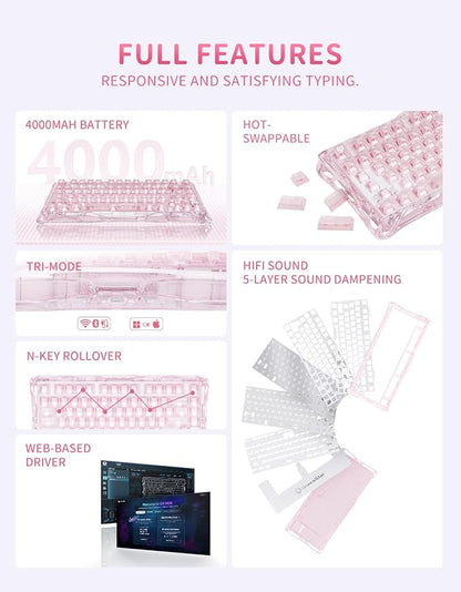 GravaStar Mercury K1 Lite 75% Wireless Mechanical Gaming Keyboard RGB | Gasket Mount, Hot Swappable Linear Switches, Creamy Sound Keyboard, 2.4GHz/USB-C/Bluetooth 5.0, for Win/Mac【Crystal Rose】