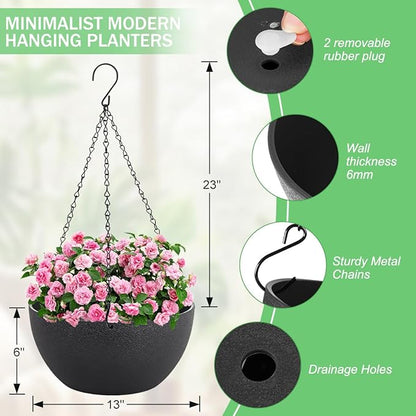 10 inch Hanging Planters for Indoor Plants, 2 Pack Planters for Outdoor Plants with Drainage Holes and Chain, Round Plastic Hanging Baskets, Hanging Flower Pots for Balcony Garden Decor-Black