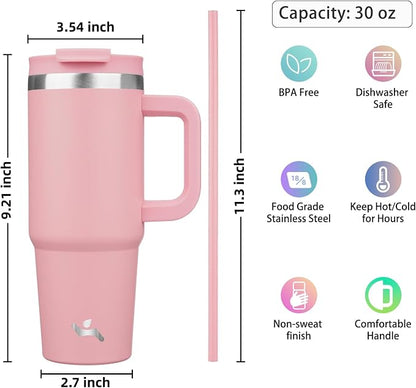 Konokyo 30 oz Insulated Tumbler Water Bottle with Handle, Straw Lid | BPA-free and dishwasher safe; made for gym, travel, coffee and gifting, 2 straws, cup holder friendly,Pink