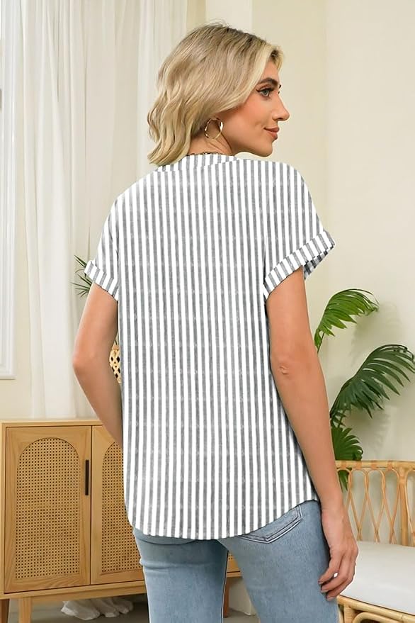 Womens Henley Summer Tops V Neck Button Dressy Casual T Shirts Blouses | Breathable, V-Neck Button, Striped, Loose Fit, Business Casual, Office, Vacation, Spring Summer Tops, Basic Shirts