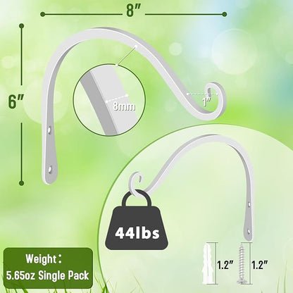 FEED GARDEN Iron Wall Hooks Decorative Metal Curved Plant Hanger Hooks, Indoor/Outdoor Use for Hanging Bird Feeders, Wind Chimes, Flower Baskets, Yoga Mat, (White, 8 Inch 2 Pack)