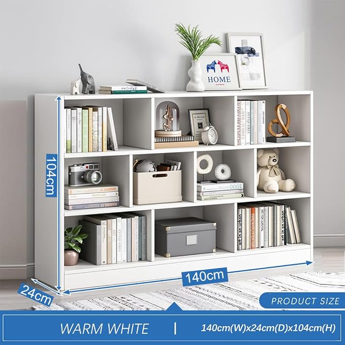 IOTXY Open Shelf Low Bookcase - Wooden 3-Tier Floor Standing Display Cabinet Organizer with Base, 10 Cubes Short Horizontal Bookshelf in Warm White
