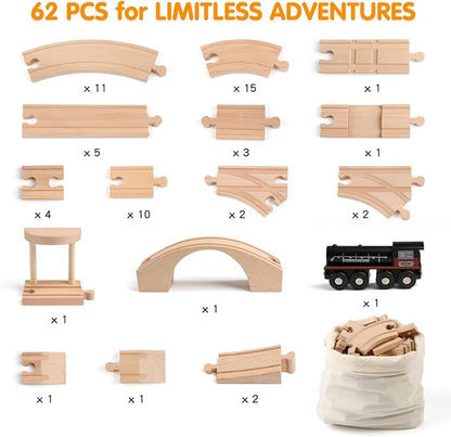 Qilay Wooden Train Track Set - 62PCS Track Expansion with 1 Bonus Magnetic Trains, Arched Bridge, Storage Bag, Compatible with All Major Brand Train Set for Kids 3+