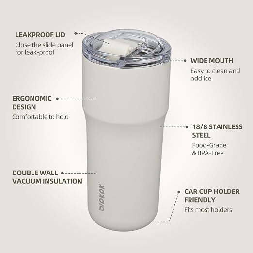 BJPKPK 24 oz Coffee Tumbler, Insulated Stainless Steel Travel Cup | Double Wall Vacuum, Leak Proof Lid, Keeps Hot/Cold/Iced, BPA Free, Dishwasher Safe, Cupholder, White