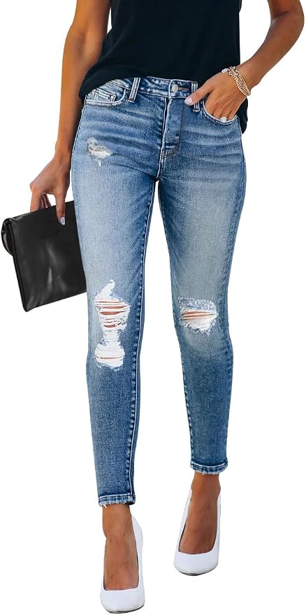 KUNMI Women's Skinny Ripped Trendy Jeans Distressed Stretchy Denim Pants