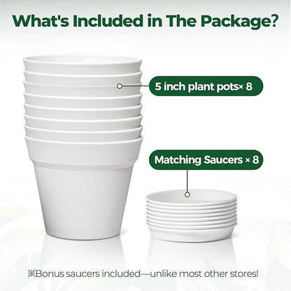 T4U 5 Inch Plant Pot 8-Pack, Plastic Pots with Drainage Hole and Saucer, Decorative Flower Pots Bulk for African Violet, Snake Plant, Succulent and All House Plants Indoor (8pcs 5" Pots, White)